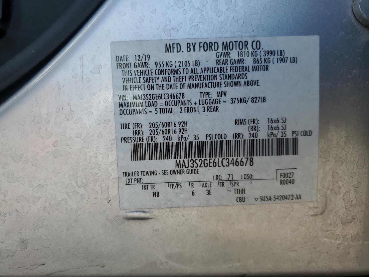 2020 Ford Ecosport Se VIN: MAJ3S2GE6LC346678 Lot: 71897515
