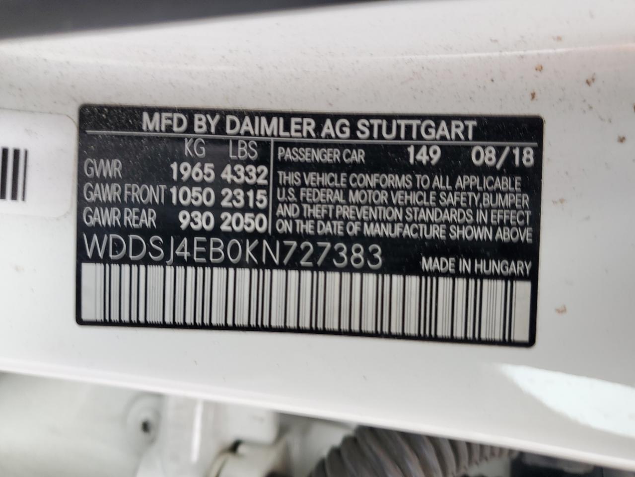 2019 Mercedes-Benz Cla 250 VIN: WDDSJ4EB0KN727383 Lot: 81833005