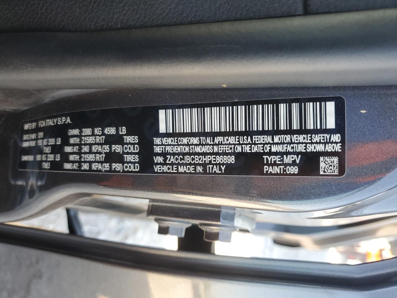 2017 Jeep Renegade Trailhawk VIN: ZACCJBCB2HPE86898 Lot: 72088995