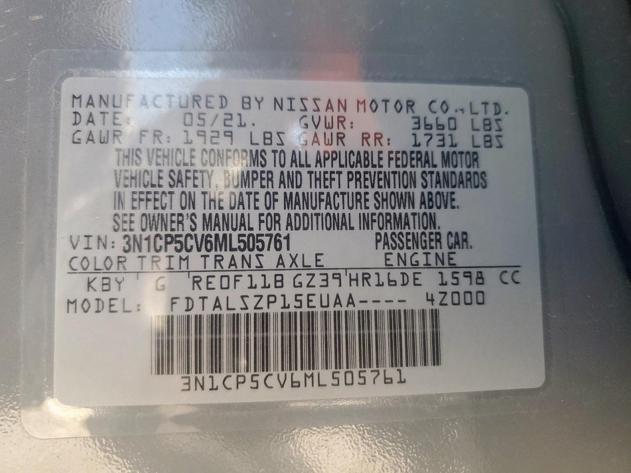 2021 Nissan Kicks Sv VIN: 3N1CP5CV6ML50576 Lot: 71129405