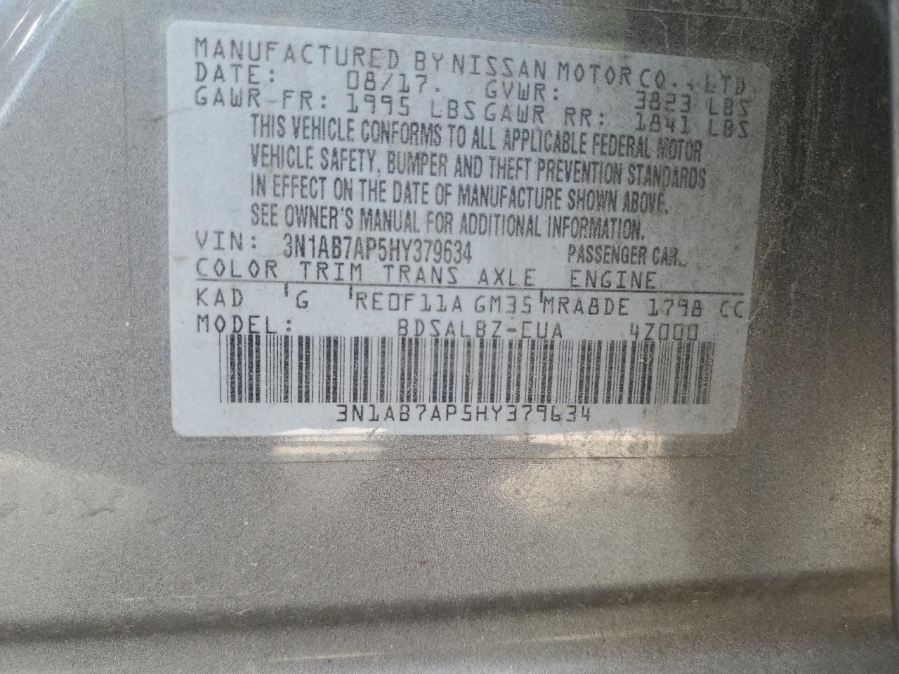 2017 Nissan Sentra S VIN: 3N1AB7AP5HY379634 Lot: 80100695