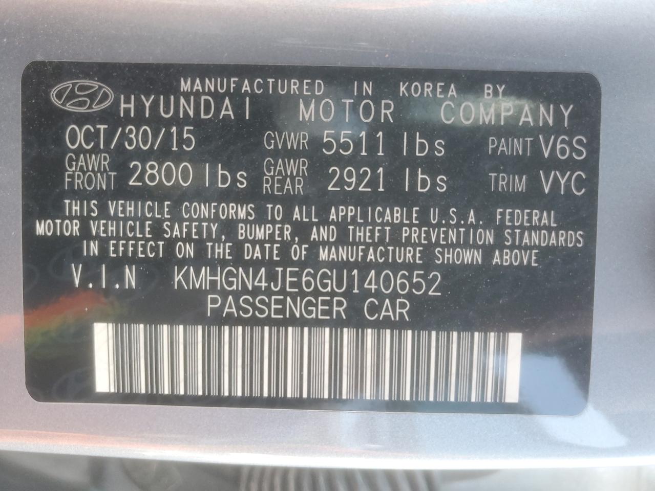 2016 Hyundai Genesis 3.8L VIN: KMHGN4JE6GU140652 Lot: 71121755