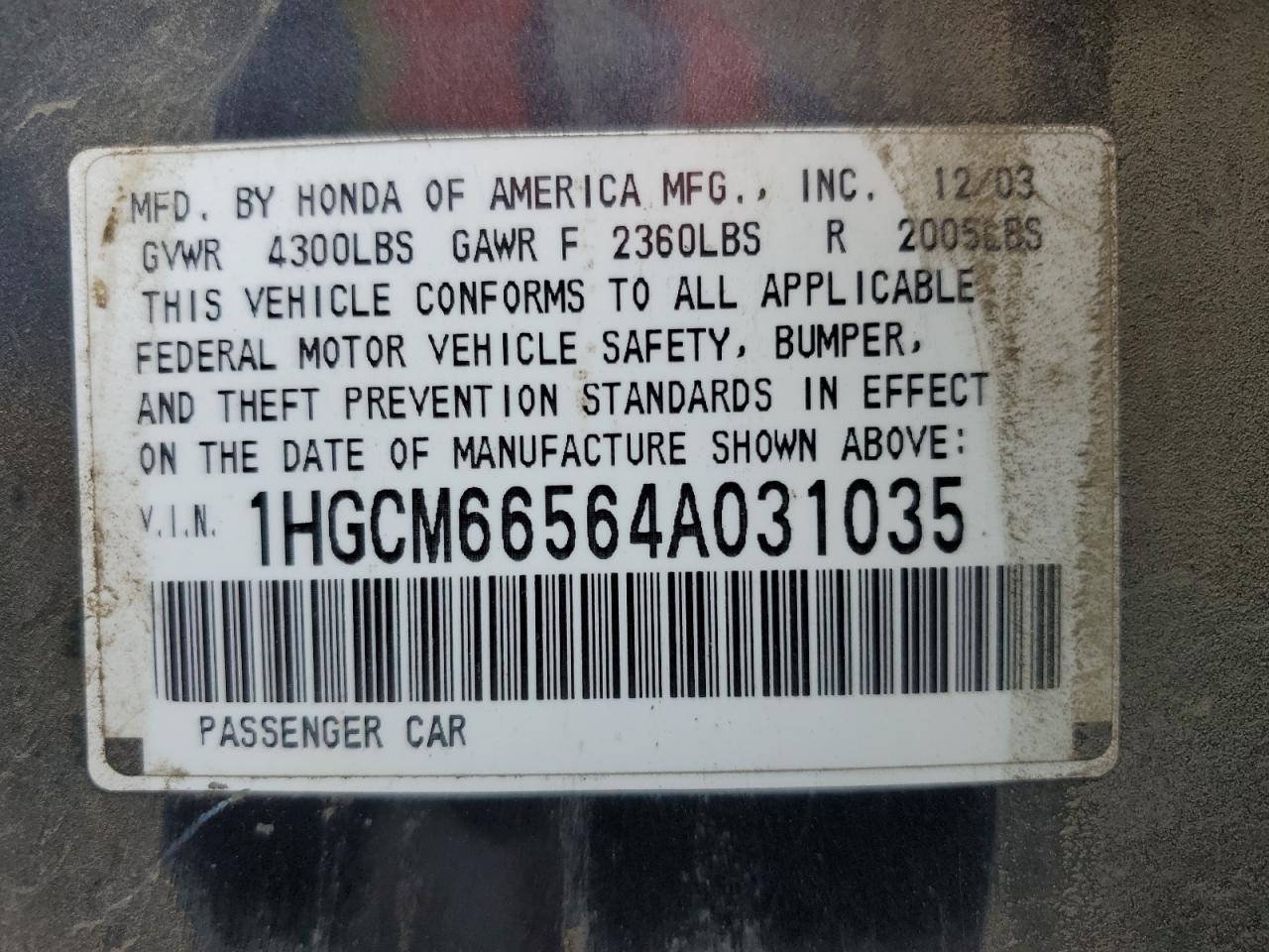 2004 Honda Accord Ex VIN: 1HGCM66564A031035 Lot: 81697225