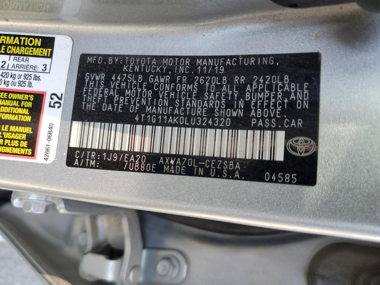 2020 Toyota Camry Se VIN: 4T1G11AK0LU324320 Lot: 83842305