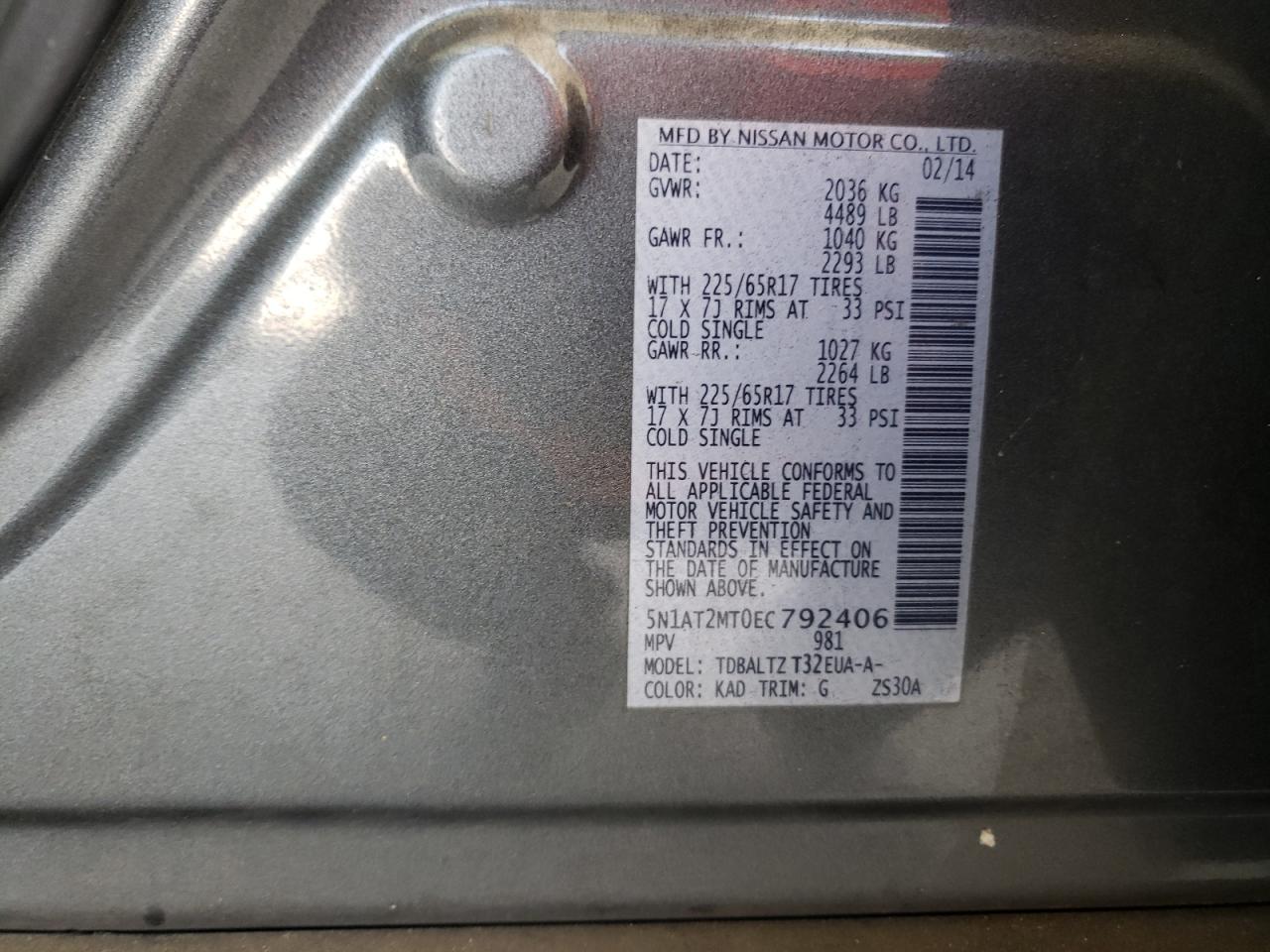 2014 Nissan Rogue S VIN: 5N1AT2MT0EC792406 Lot: 72064565