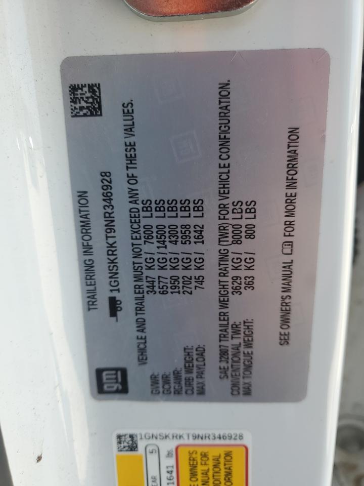 2022 Chevrolet Tahoe K1500 Rst VIN: 1GNSKRKT9NR346928 Lot: 84279315