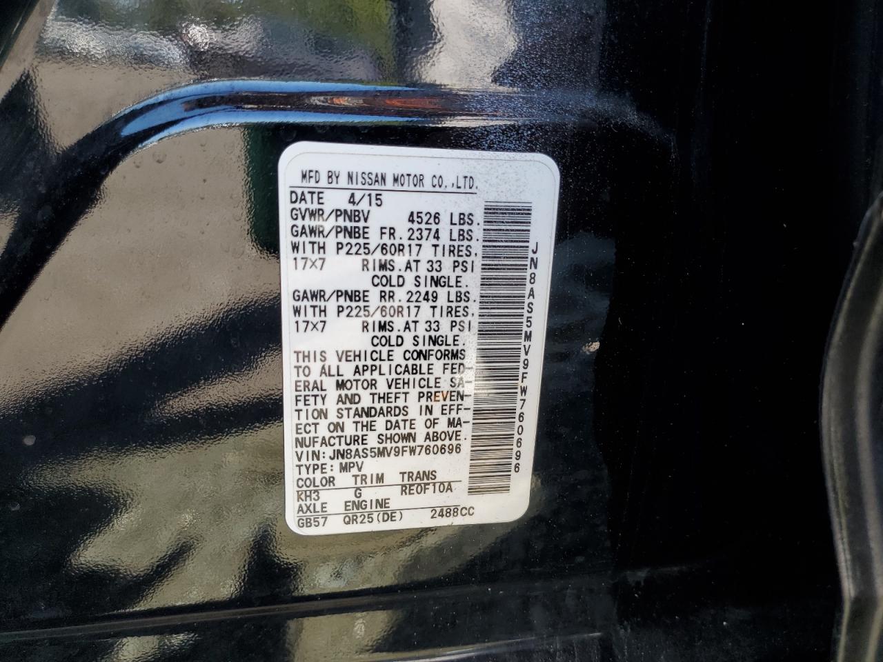 2015 Nissan Rogue Select S VIN: JN8AS5MV9FW760696 Lot: 80110615