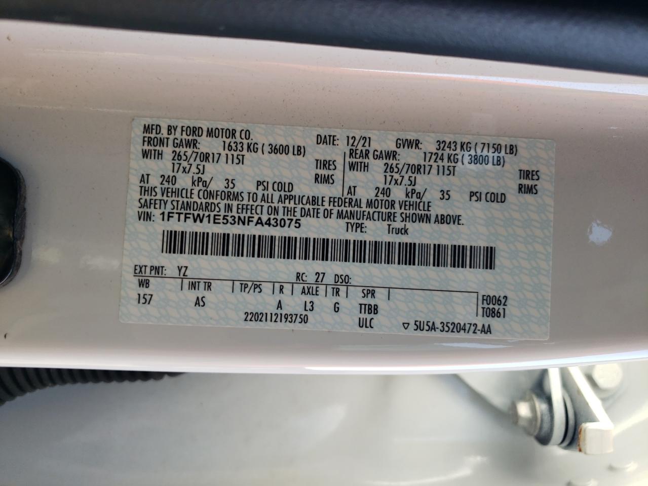 2022 Ford F150 Supercrew VIN: 1FTFW1E53NFA43075 Lot: 72062755