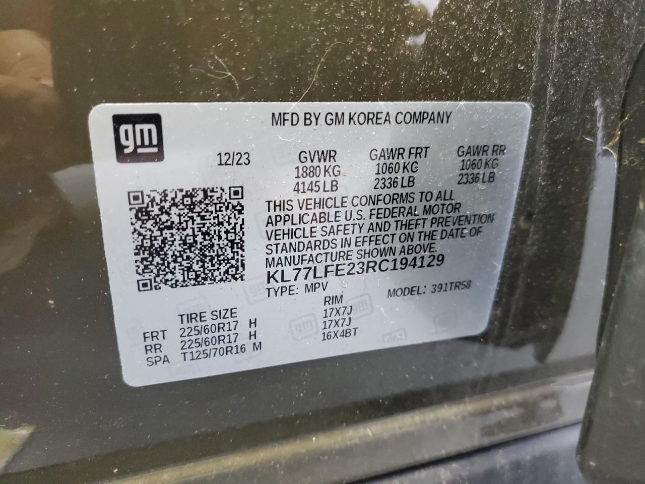 2024 Chevrolet Trax Ls VIN: KL77LFE23RC194129 Lot: 71588855