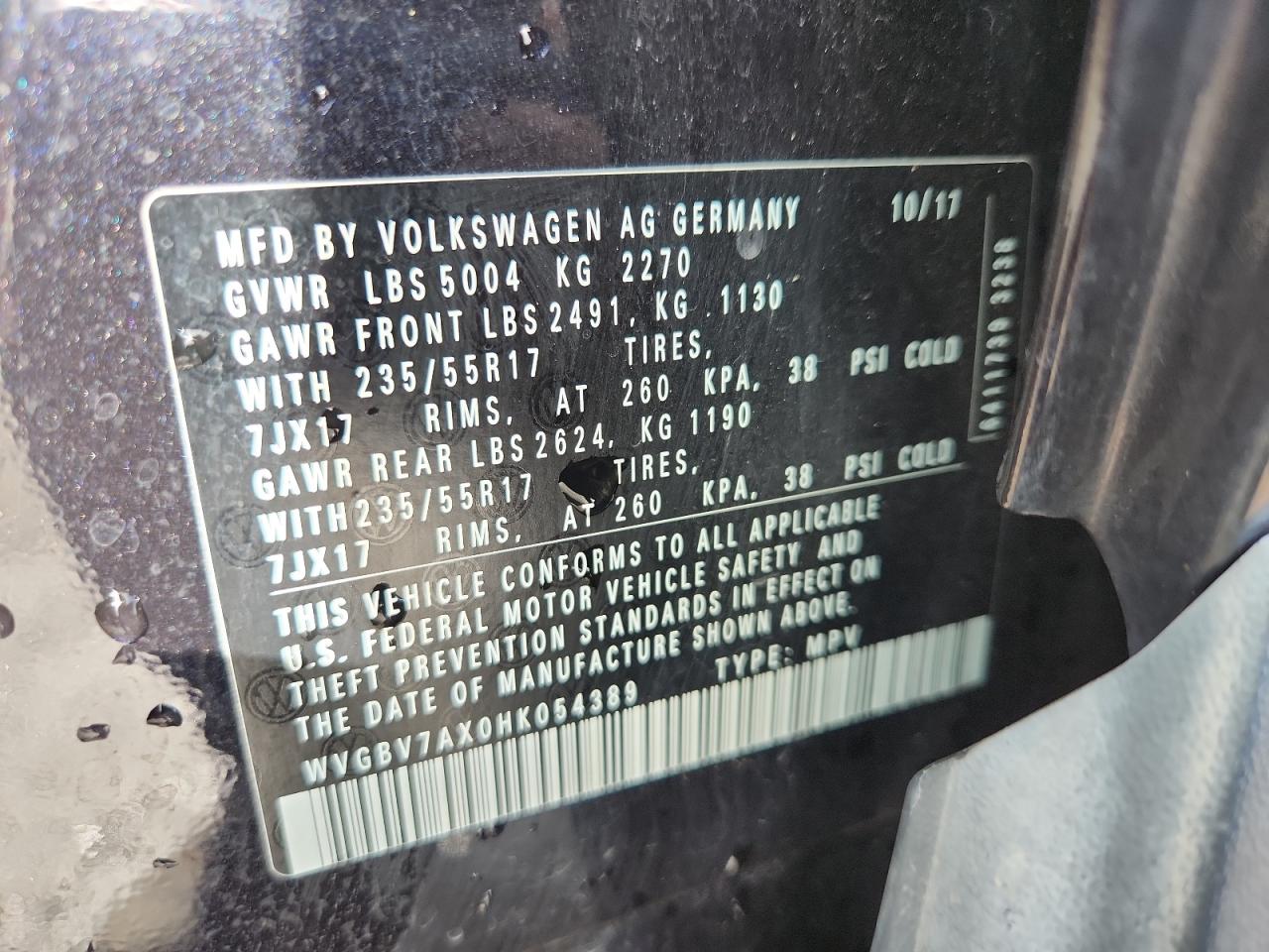 2017 Volkswagen Tiguan S VIN: WVGBV7AX0HK054389 Lot: 71745515