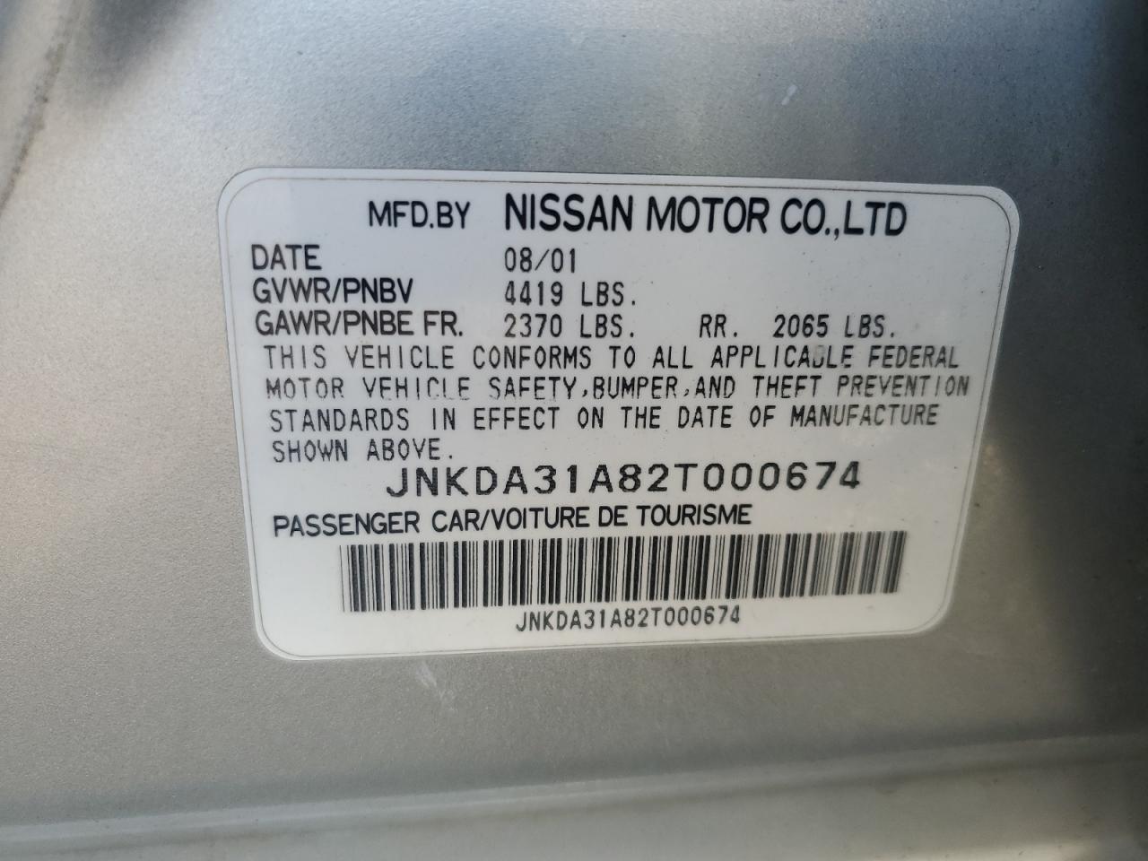 2002 Infiniti I35 VIN: JNKDA31A82T000674 Lot: 71748635