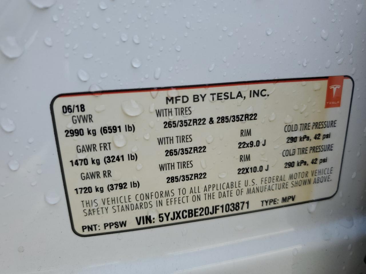 2018 Tesla Model X VIN: 5YJXCBE20JF103871 Lot: 70893545