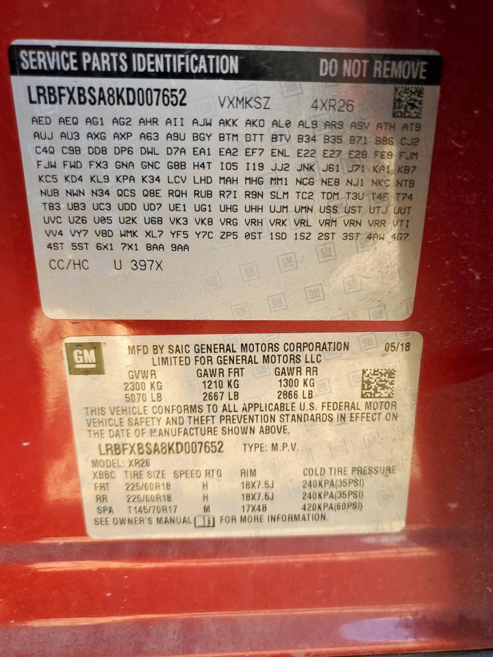 2019 Buick Envision Preferred VIN: LRBFXBSA8KD007652 Lot: 81215675