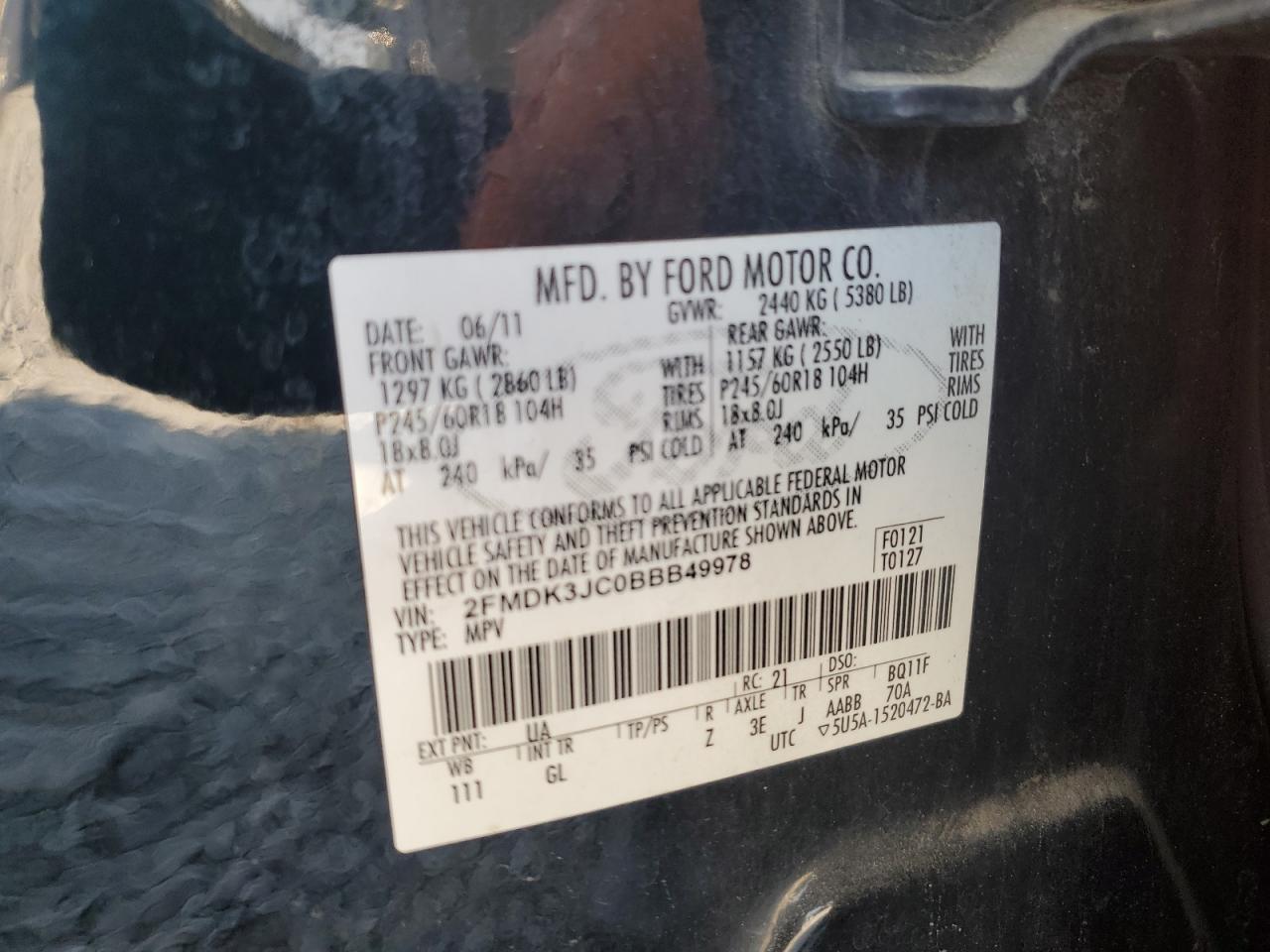 2011 Ford Edge Sel VIN: 2FMDK3JC0BBB49978 Lot: 71534295