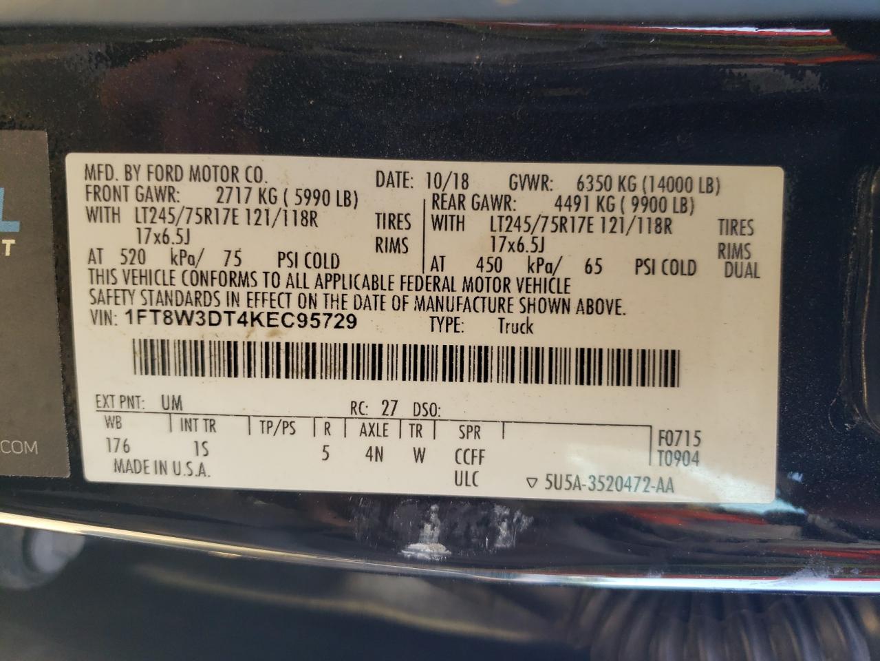 2019 Ford F350 Super Duty VIN: 1FT8W3DT4KEC95729 Lot: 80889015