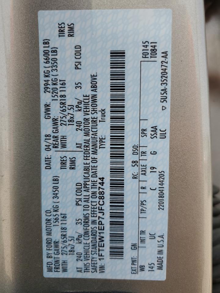 2018 Ford F150 Supercrew VIN: 1FTEW1EP7JFC88744 Lot: 70880105