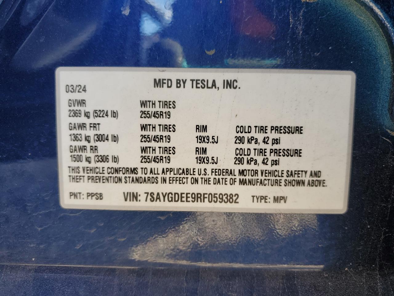 2024 Tesla Model Y VIN: 7SAYGDEE9RF059382 Lot: 71058445