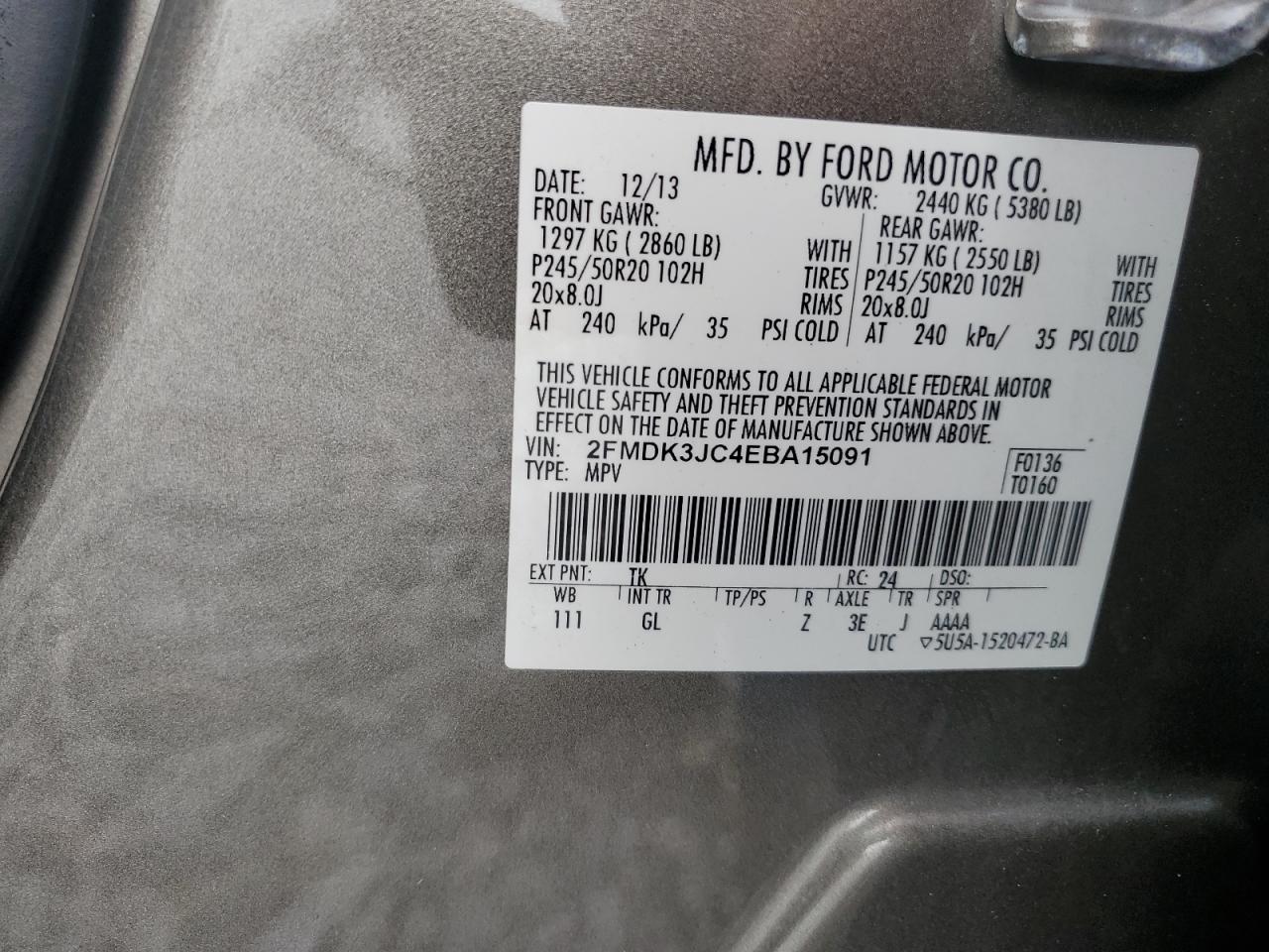 2014 Ford Edge Sel VIN: 2FMDK3JC4EBA15091 Lot: 71600375