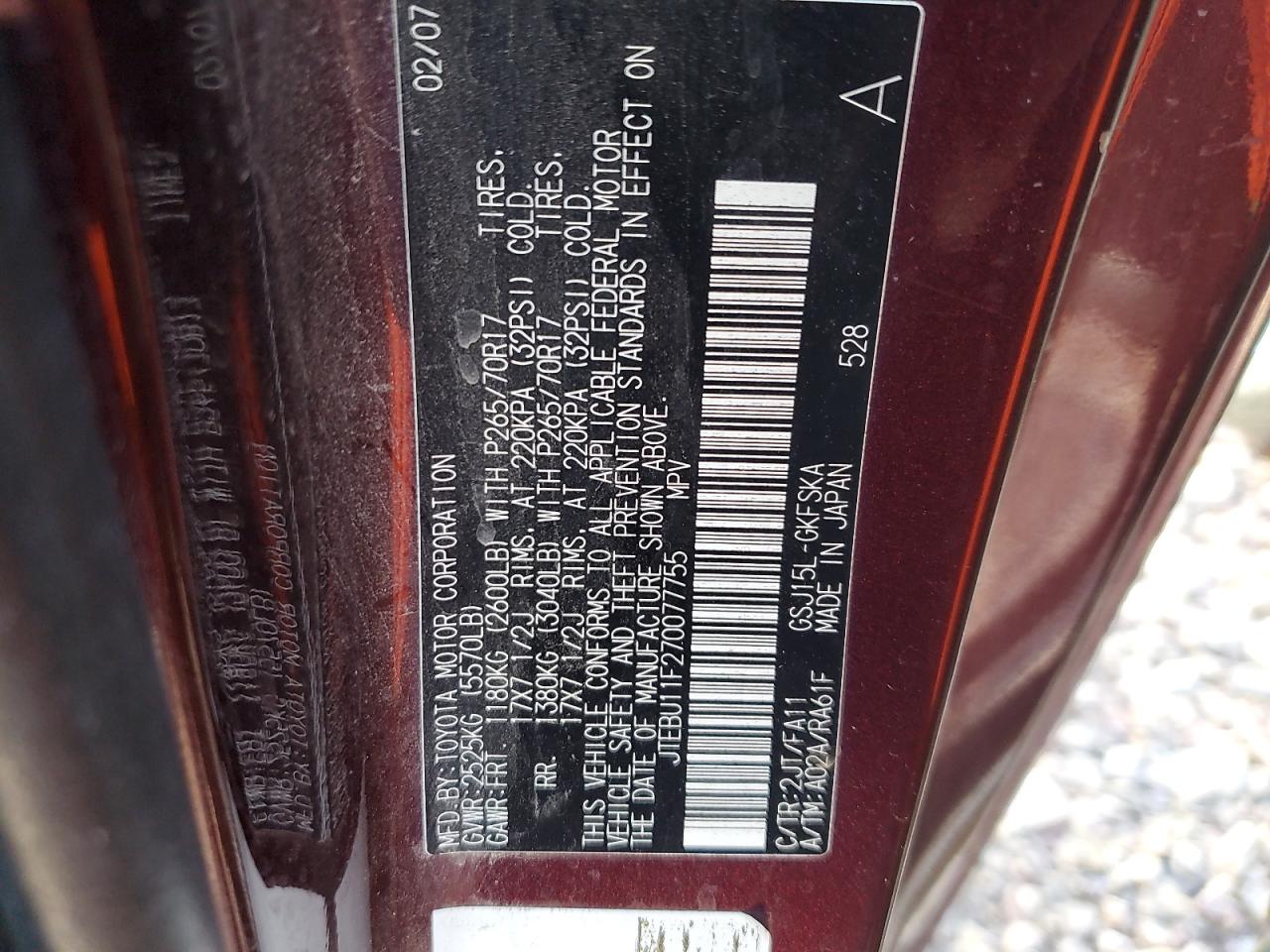 2007 Toyota Fj Cruiser VIN: JTEBU11F270077755 Lot: 80556915