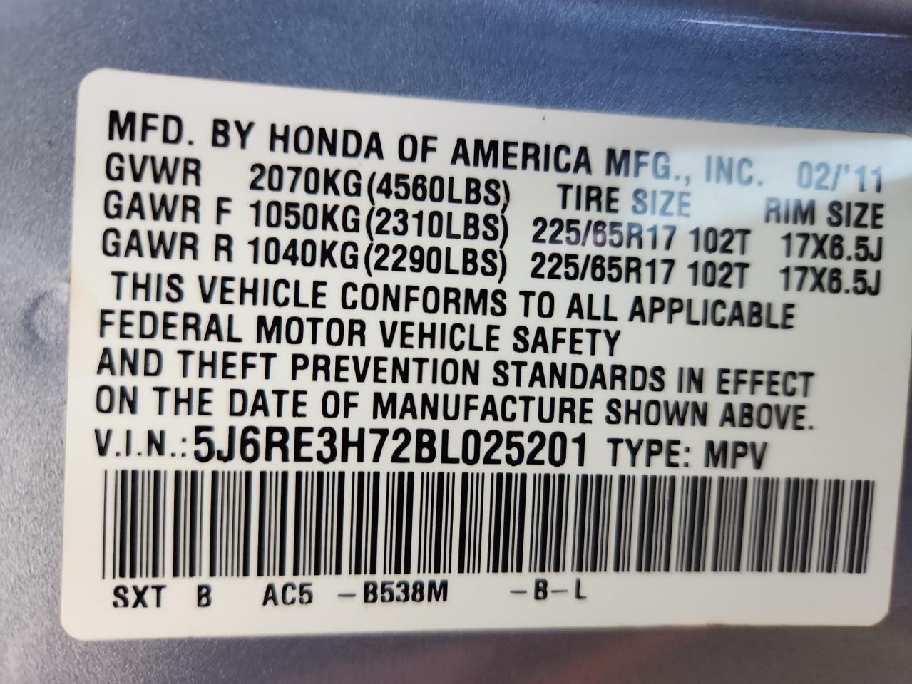 2011 Honda Cr-V Exl VIN: 5J6RE3H72BL025201 Lot: 80508555