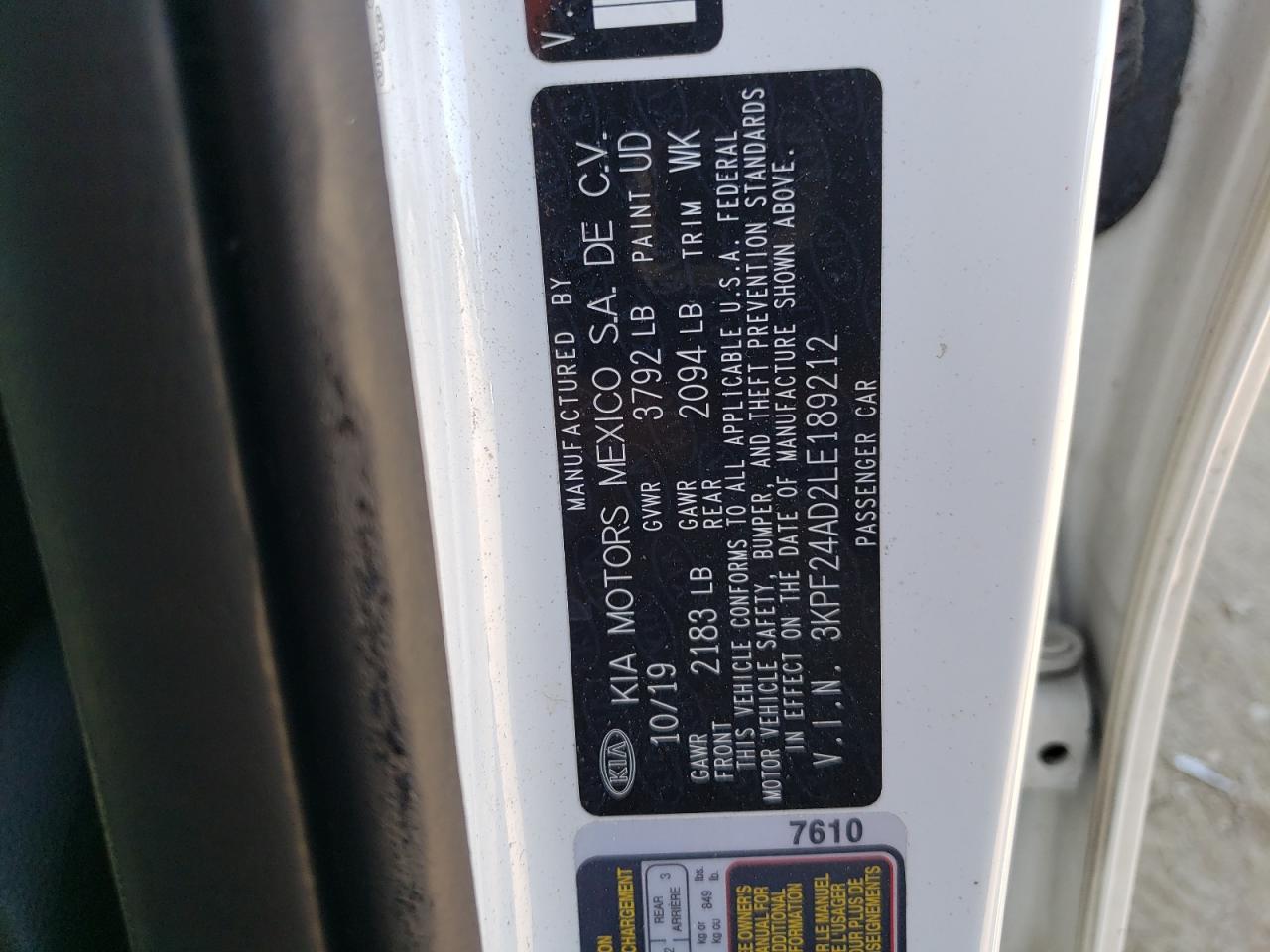 2020 Kia Forte Fe VIN: 3KPF24AD2LE189212 Lot: 81081725