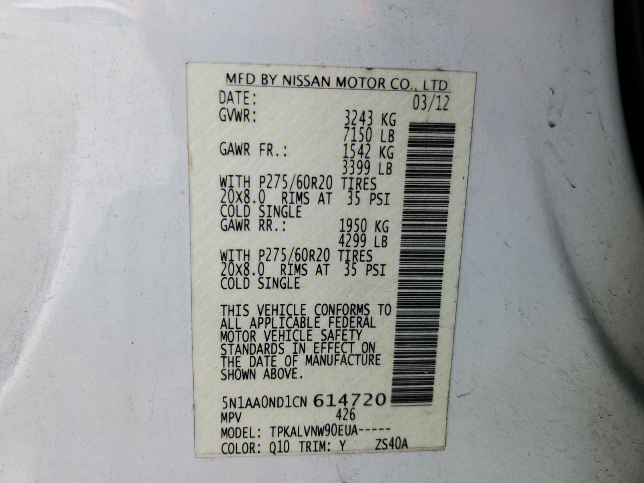 2012 Nissan Armada Sv VIN: 5N1AA0ND1CN614720 Lot: 82082145