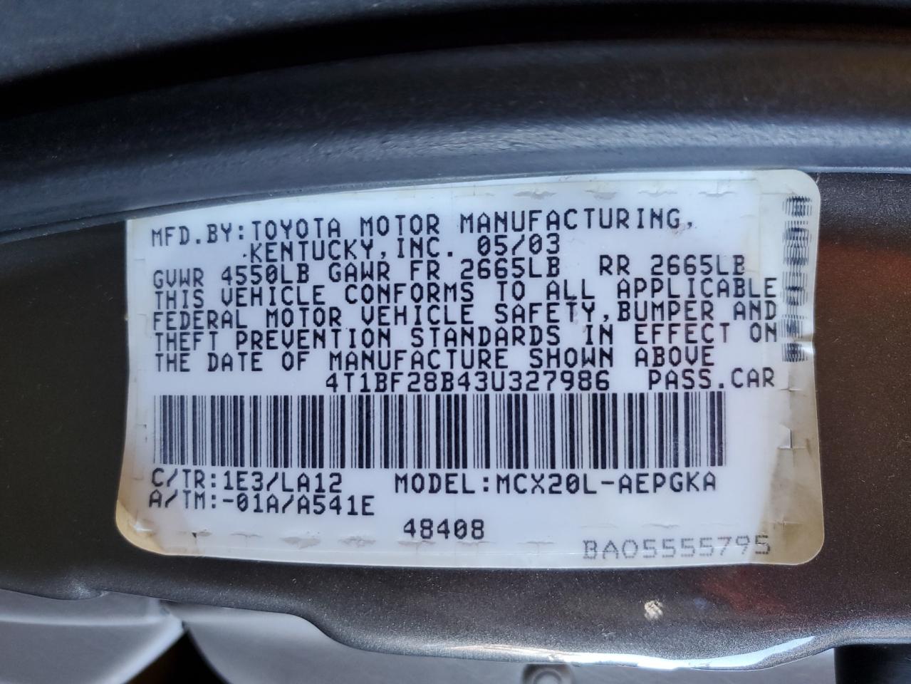 2003 Toyota Avalon Xl VIN: 4T1BF28B43U327986 Lot: 81670665