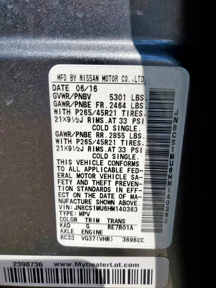 2017 Infiniti Qx70 VIN: JN8CS1MU6HM140363 Lot: 71111305