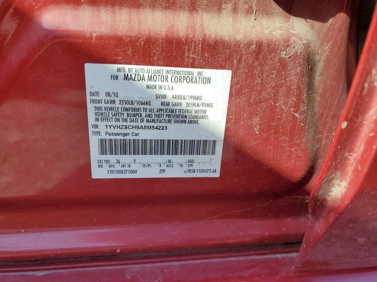 2010 Mazda 6 I VIN: 1YVHZ8CH9A5M54223 Lot: 80401725