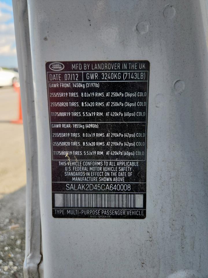 2012 Land Rover Lr4 Hse Luxury VIN: SALAK2D45CA640008 Lot: 82112935
