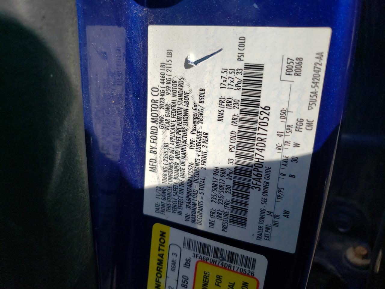 2013 Ford Fusion Se VIN: 3FA6P0H74DR170526 Lot: 81858905