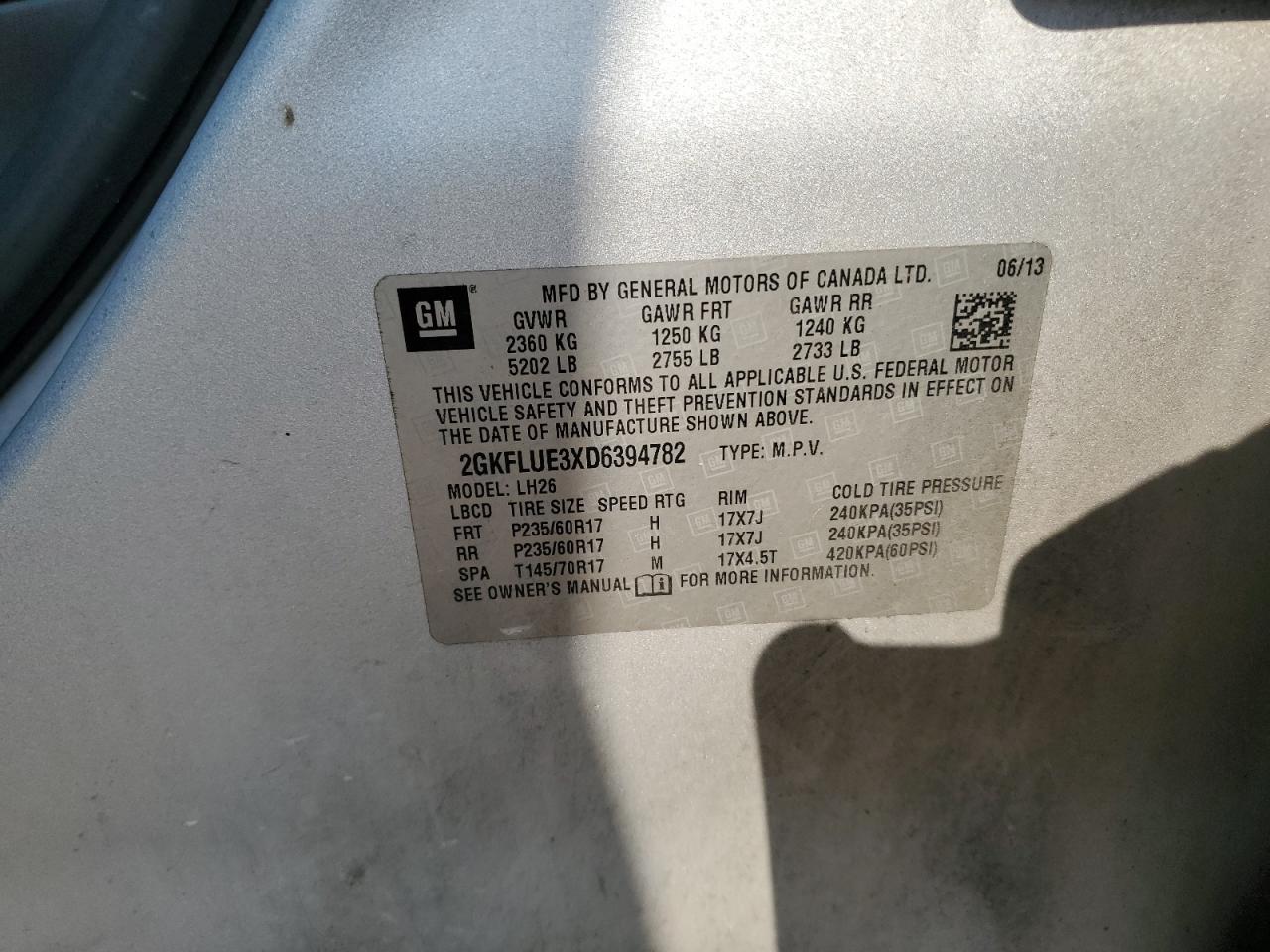 2013 GMC Terrain Slt VIN: 2GKFLUE3XD6394782 Lot: 80703875