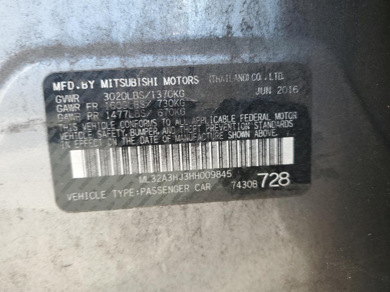 2017 Mitsubishi Mirage Es VIN: ML32A3HJ3HH009845 Lot: 80620565