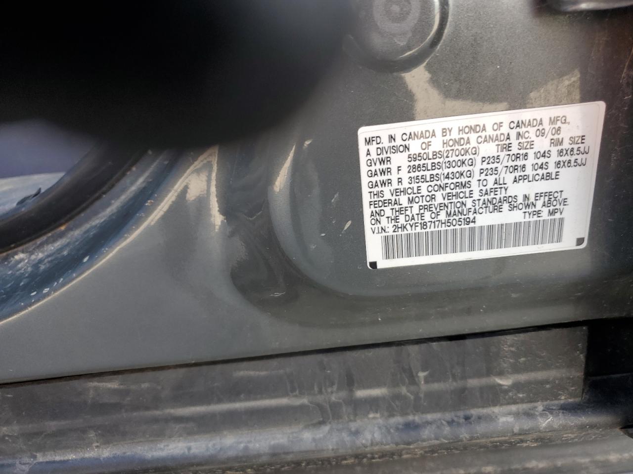 2007 Honda Pilot Exl VIN: 2HKYF18717H505194 Lot: 80051155