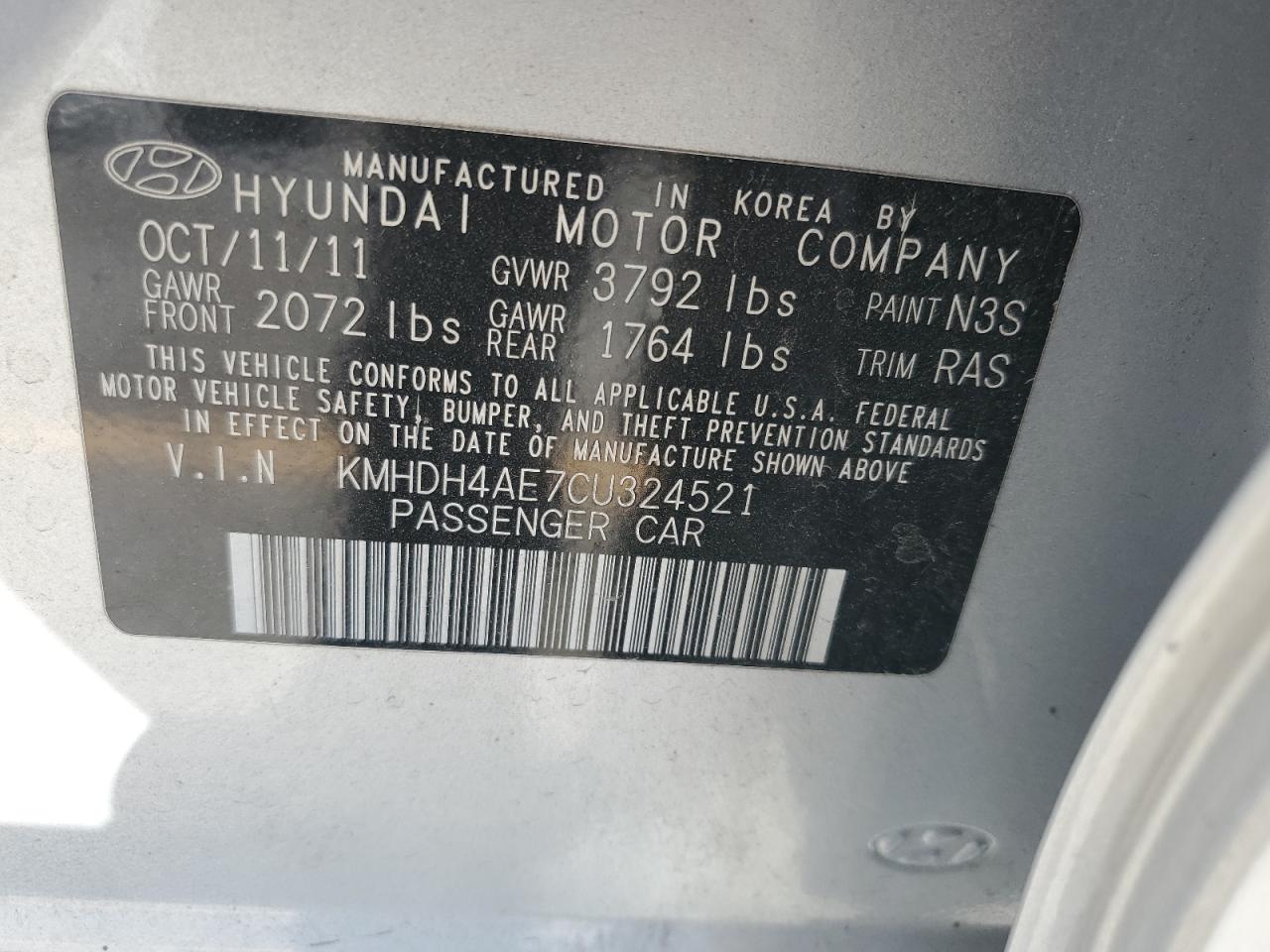 2012 Hyundai Elantra Gls VIN: KMHDH4AE7CU324521 Lot: 70010405