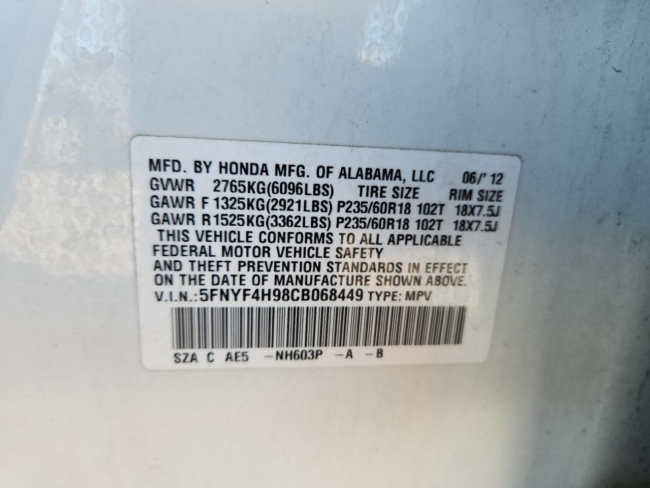 2012 Honda Pilot Touring VIN: 5FNYF4H98CB068449 Lot: 81936405