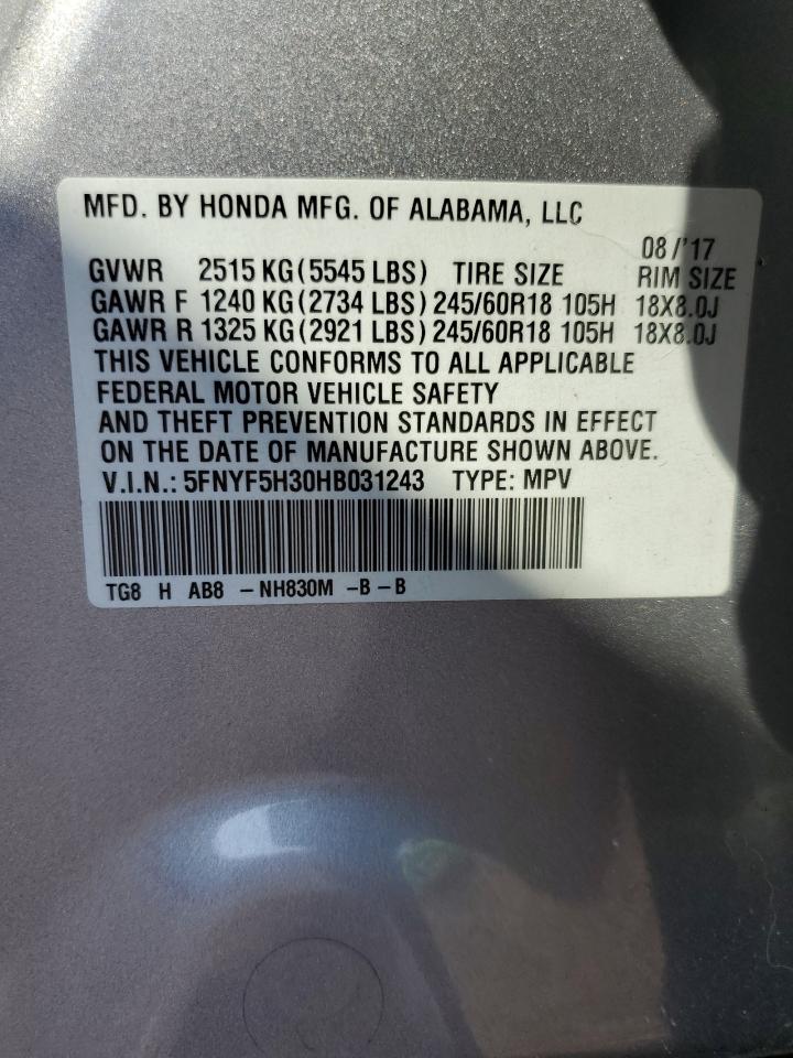 2017 Honda Pilot Ex VIN: 5FNYF5H30HB031243 Lot: 72014525