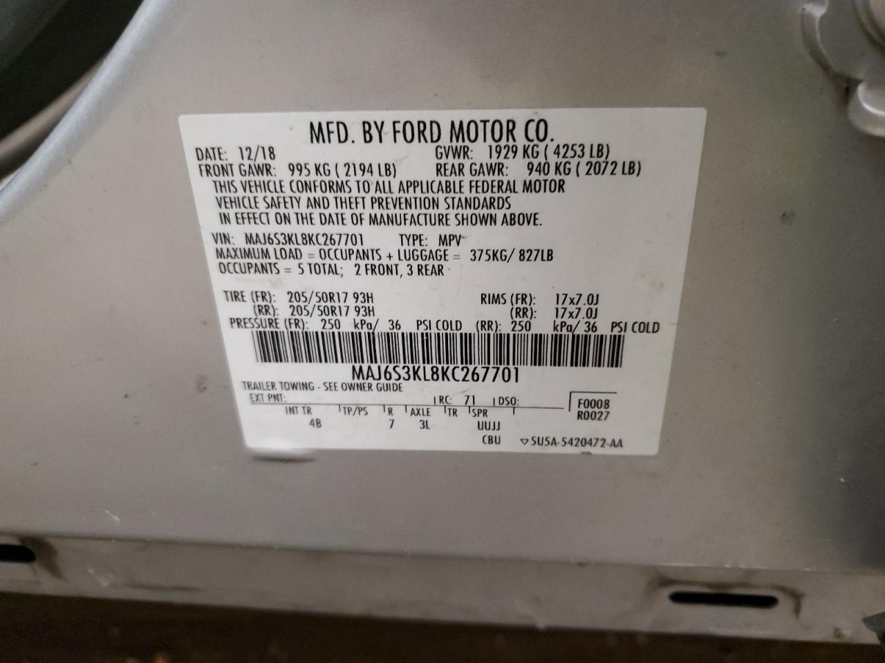 2019 Ford Ecosport Titanium VIN: MAJ6S3KL8KC267701 Lot: 80091025