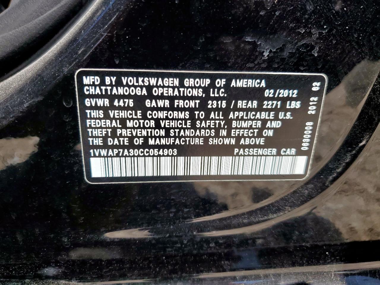 2012 Volkswagen Passat S VIN: 1VWAP7A30CC054903 Lot: 82115475