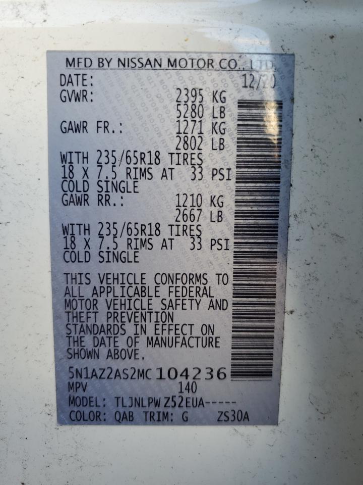 2021 Nissan Murano S VIN: 5N1AZ2AS2MC104236 Lot: 82029005