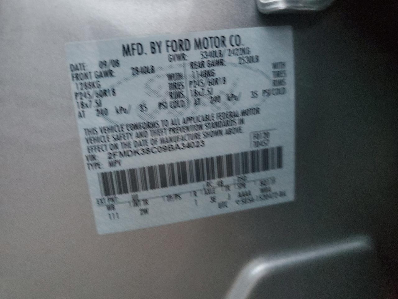 2009 Ford Edge Sel VIN: 2FMDK38C09BA34023 Lot: 83776885