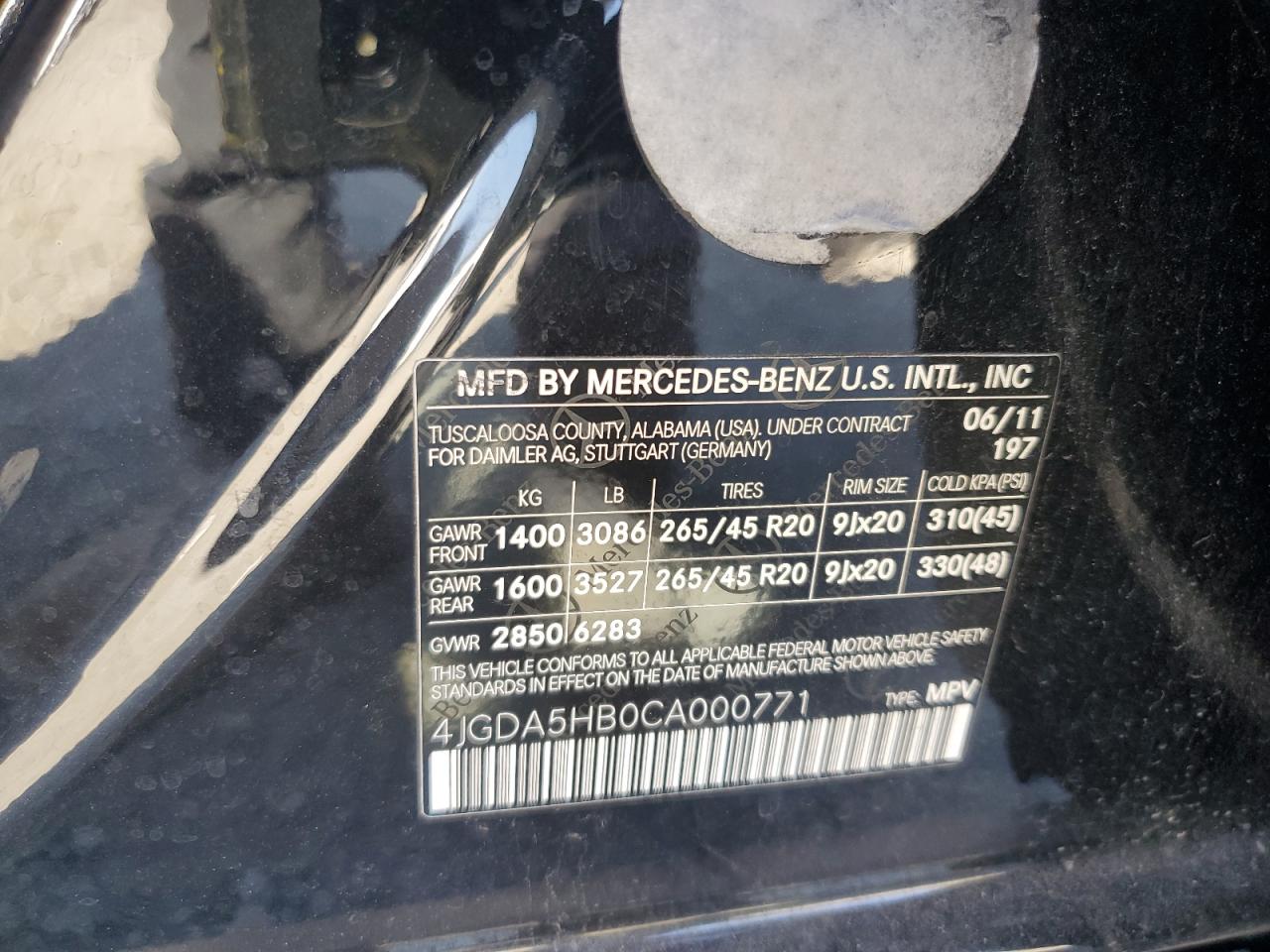 2012 Mercedes-Benz Ml 350 4Matic VIN: 4JGDA5HB0CA000771 Lot: 81152885