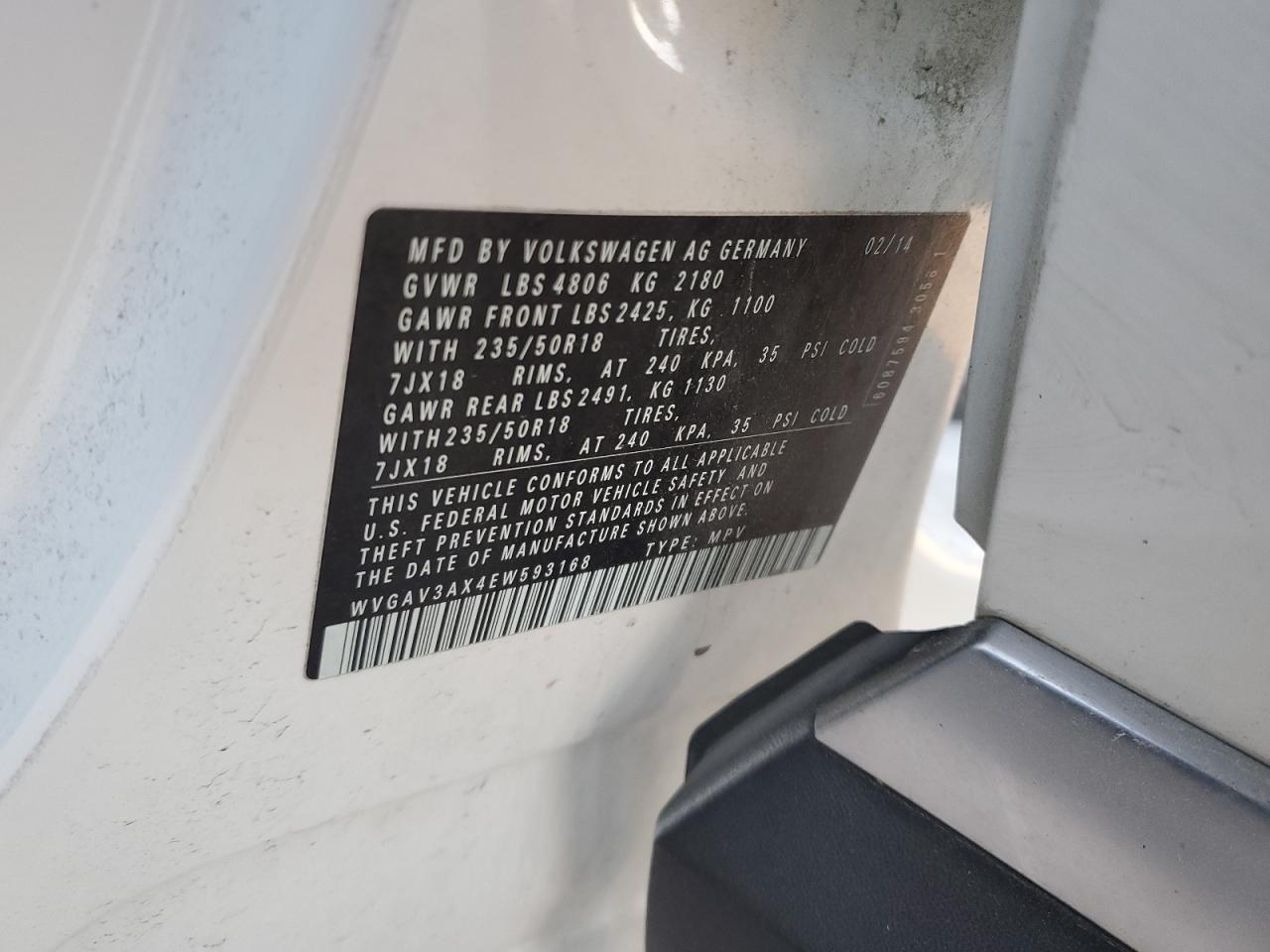 2014 Volkswagen Tiguan S VIN: WVGAV3AX4EW593168 Lot: 84454515