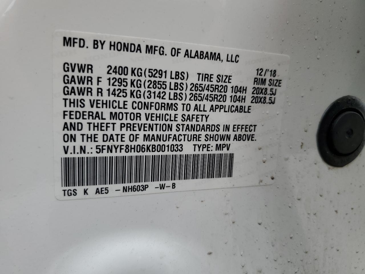 2019 Honda Passport VIN: 5FNYF8H06KB001033 Lot: 81599635