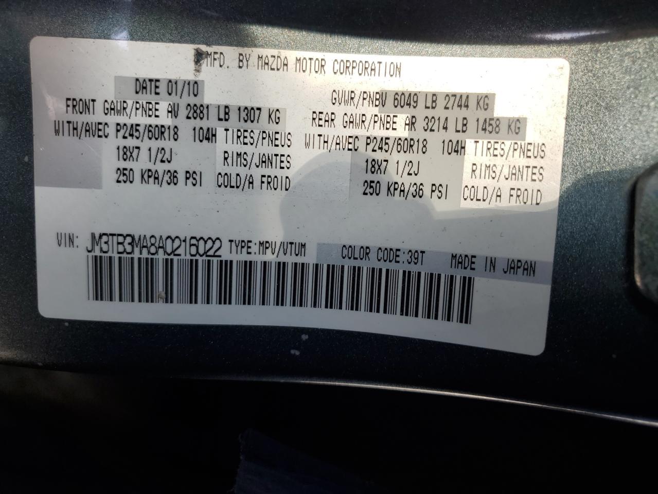 2010 Mazda Cx-9 VIN: JM3TB3MA8A0216022 Lot: 81130025