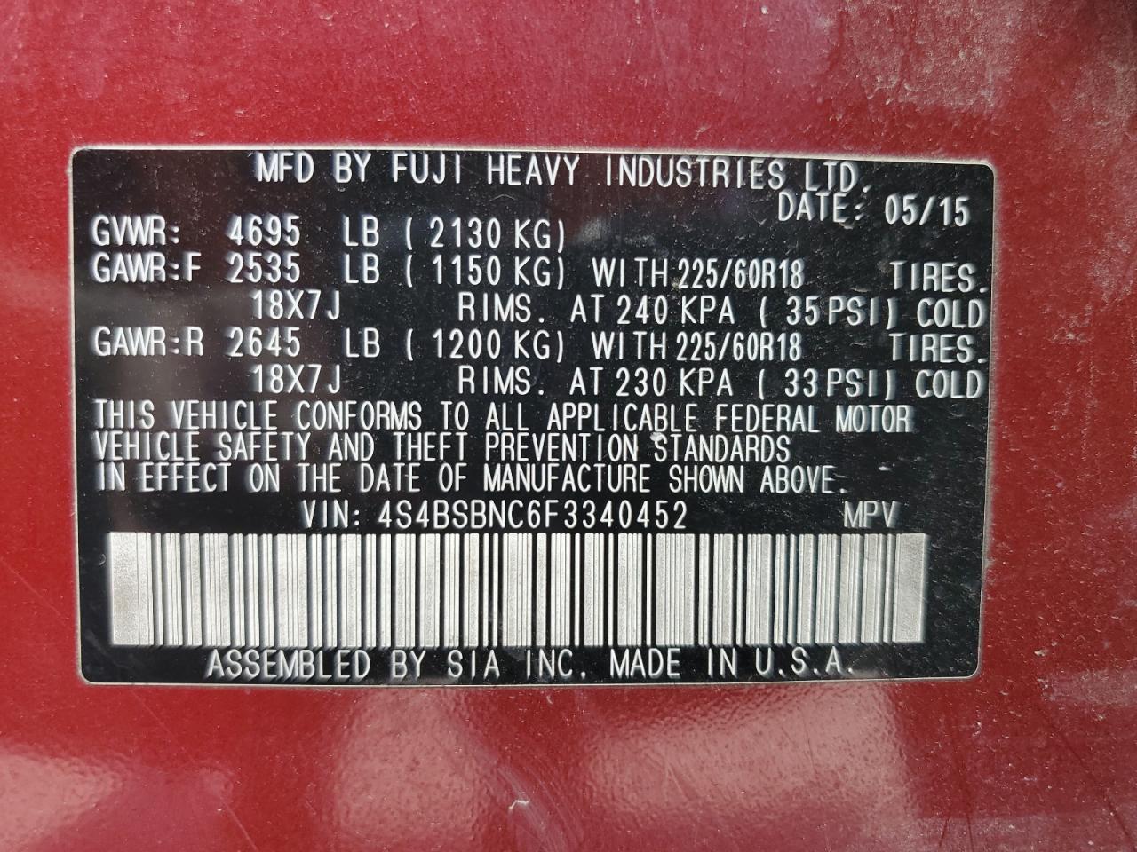 2015 Subaru Outback 2.5I Limited VIN: 4S4BSBNC6F3340452 Lot: 81750895