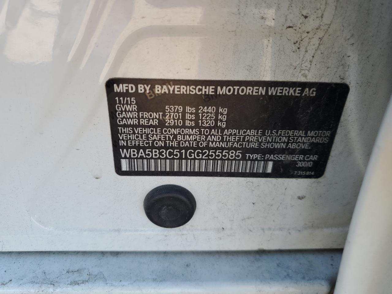 2016 BMW 535 Xi VIN: WBA5B3C51GG255585 Lot: 80554795