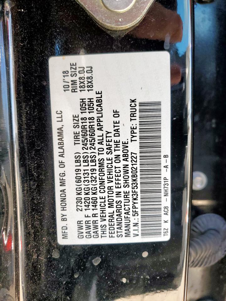 2019 Honda Ridgeline Rtl VIN: 5FPYK3F53KB021227 Lot: 82140755