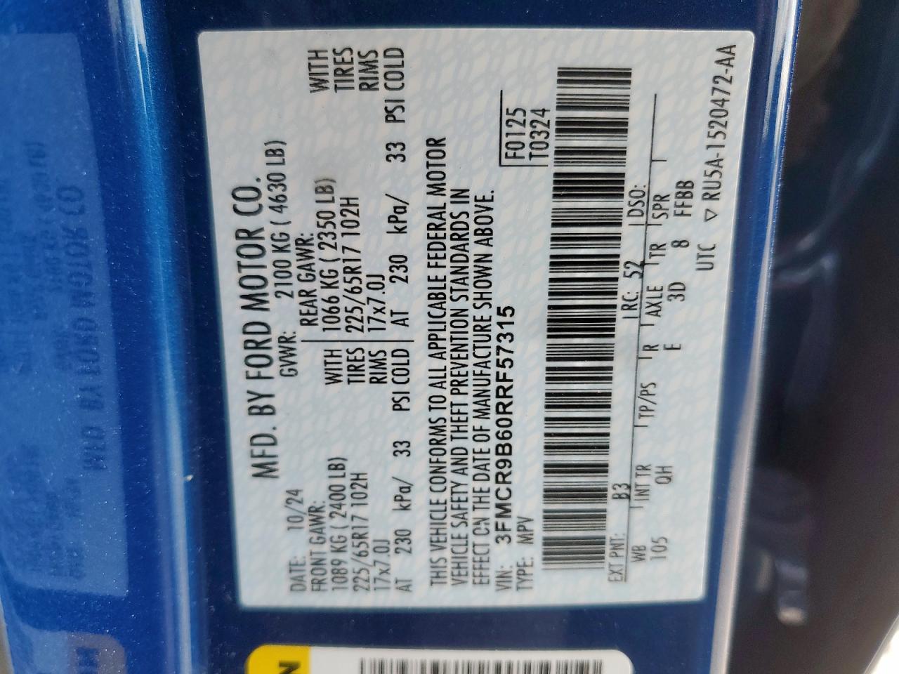 2024 Ford Bronco Sport Big Bend VIN: 3FMCR9B60RRF57315 Lot: 81589225