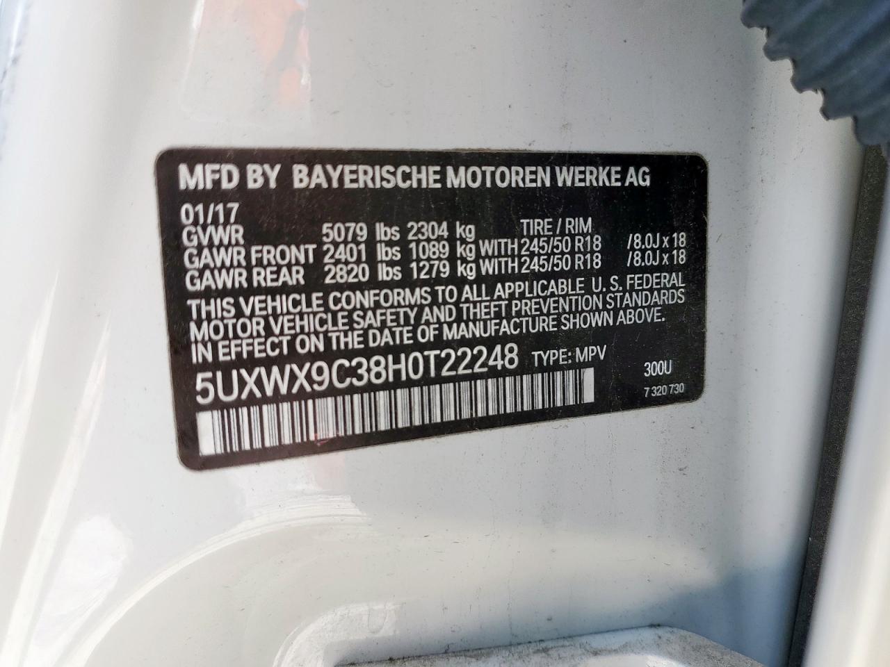 2017 BMW X3 xDrive28I VIN: 5UXWX9C38H0T22248 Lot: 82116805